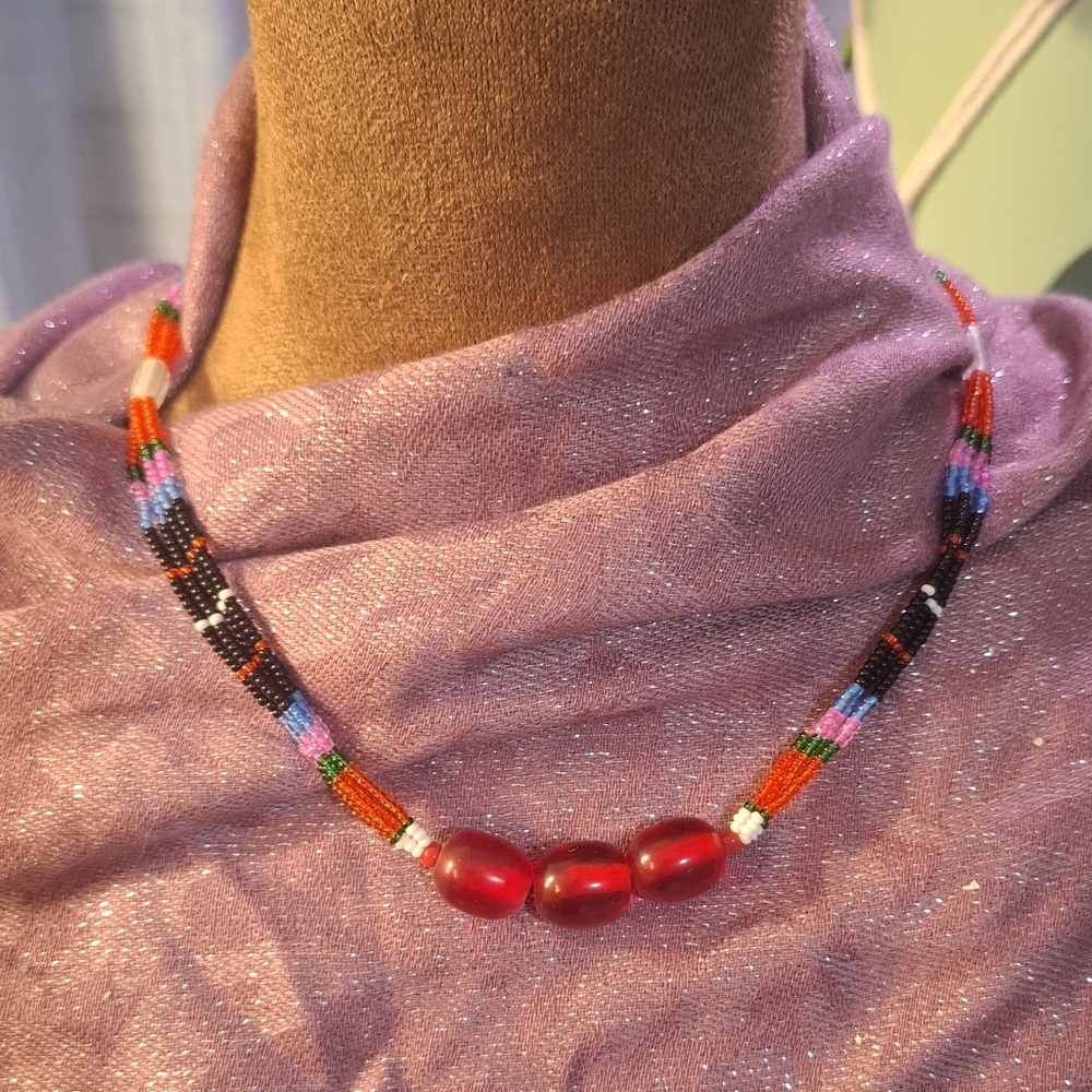🪶RARE Tribal India Seed Bead Carnelian Necklace Mizoram Hmar Native Jewelry